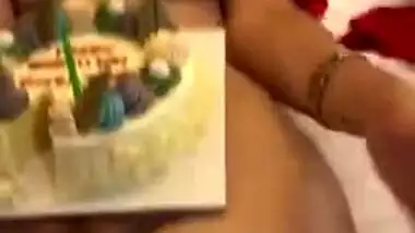 Indian wife birthday special cake cut on pussy
